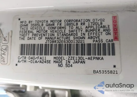 2003 Toyota Corolla Le z USA, uszkodzony, nr VIN JTDBR32E630013221